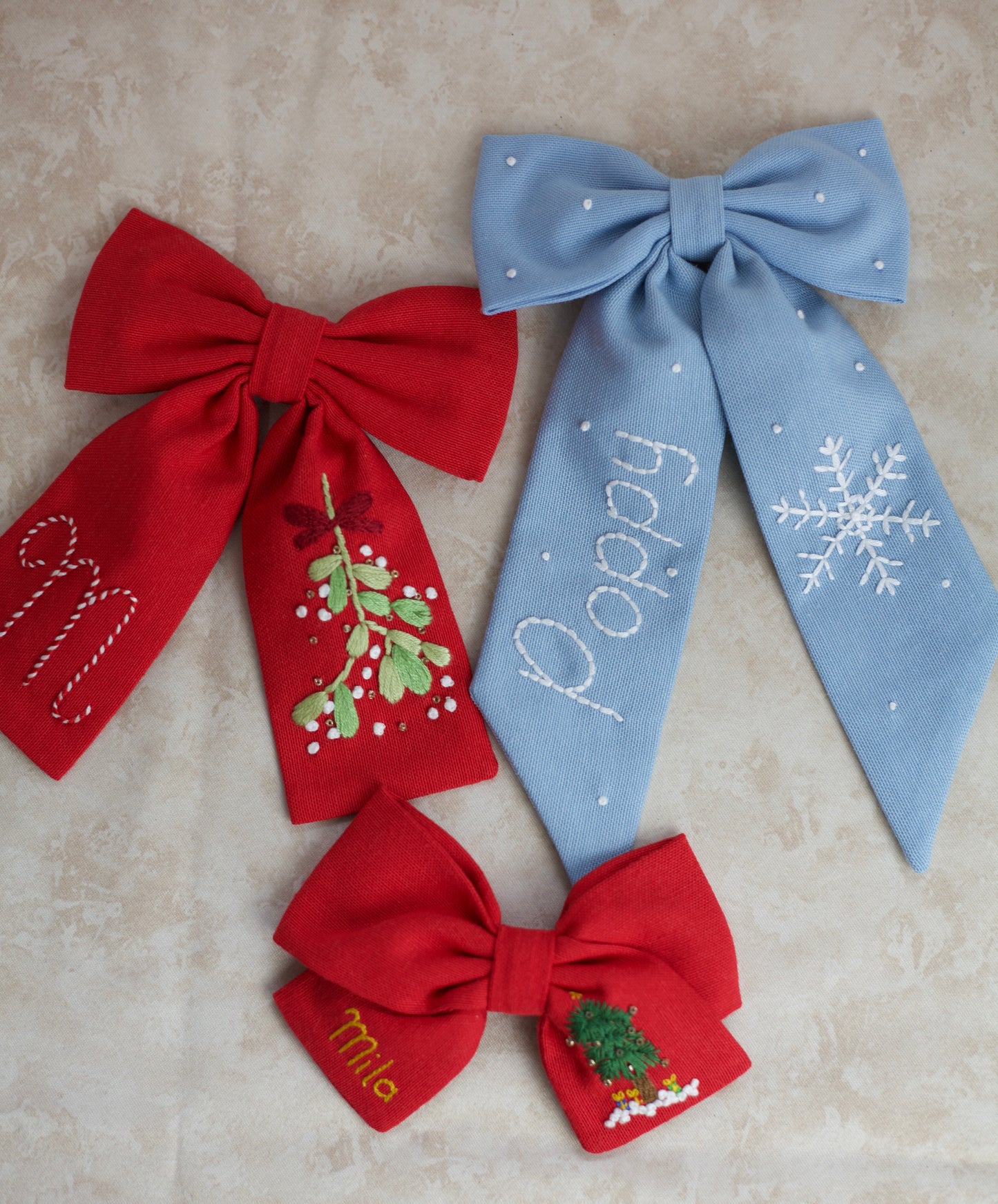(Pre-Order) Hand Embroidered Custom Mistletoe Hair Bow