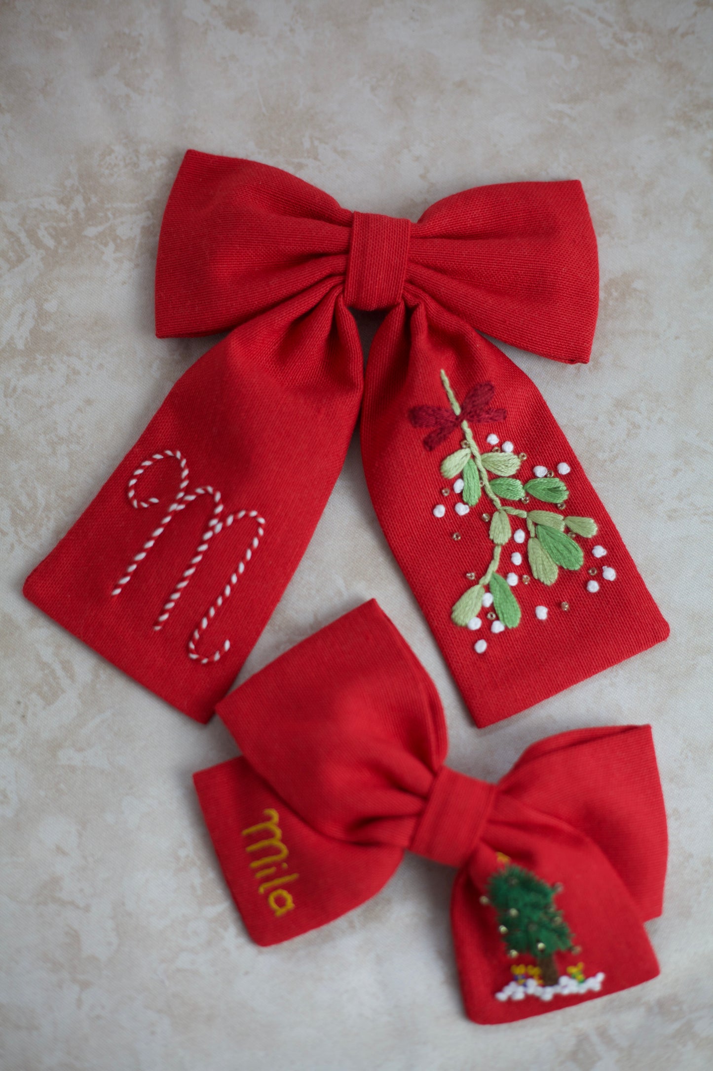 (Pre-Order) Hand Embroidered Custom Mistletoe Hair Bow