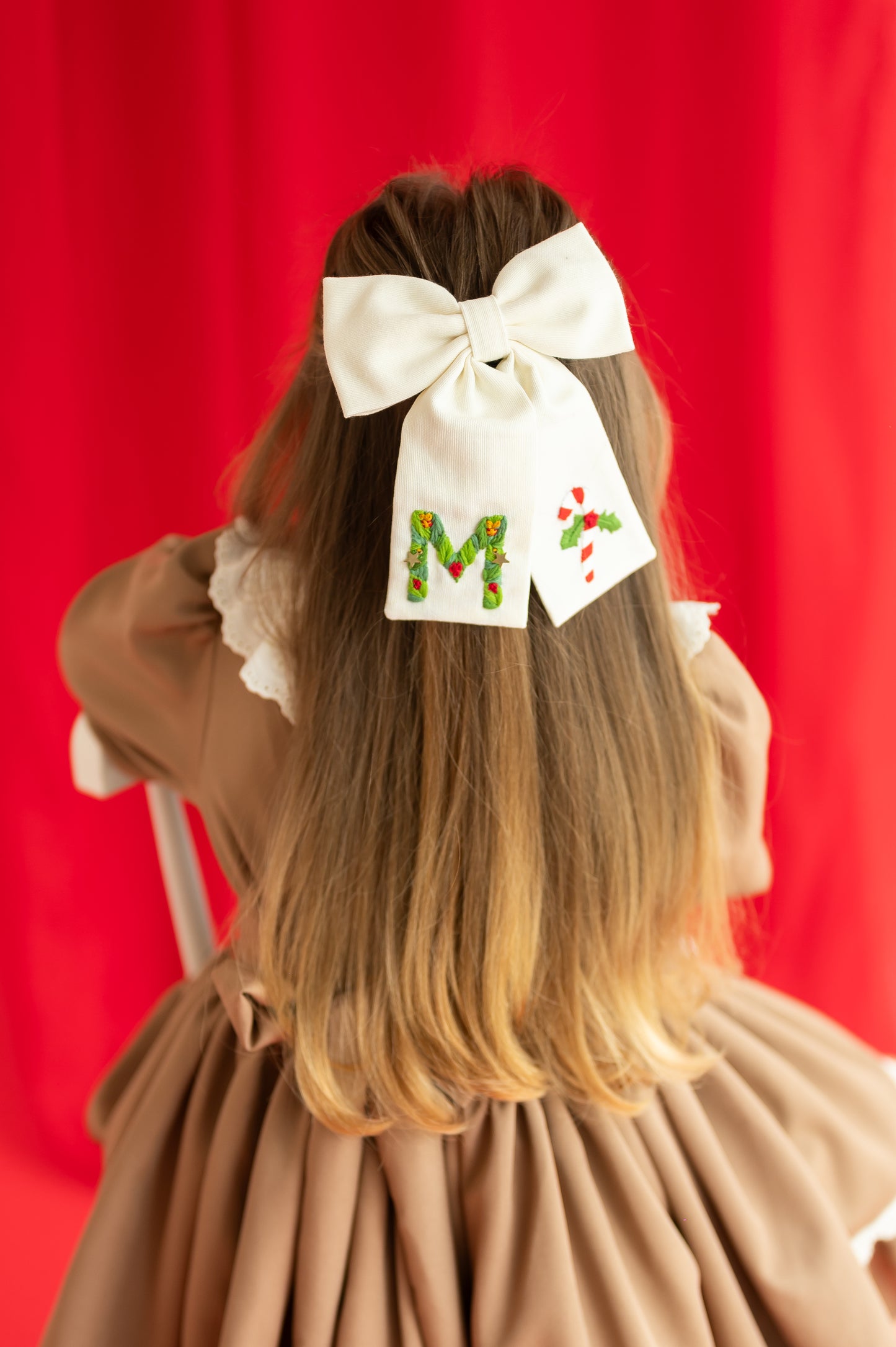 (Pre-Order) Hand Embroidered Candy Cane Pattern Custom hair bow