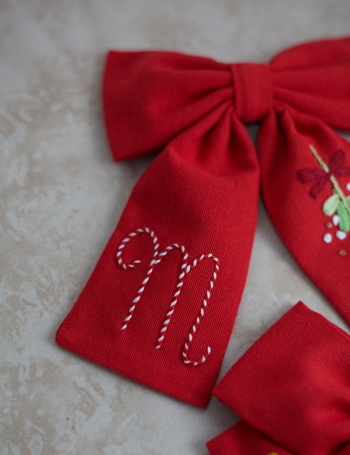 (Pre-Order) Hand Embroidered Custom Mistletoe Hair Bow