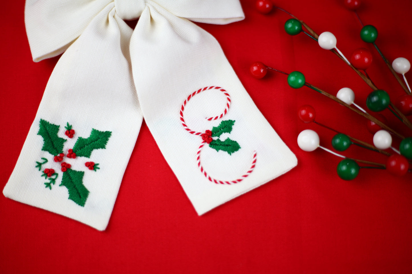 Hand Embroidered Custom Holly Berry Bow (Pre-Order)