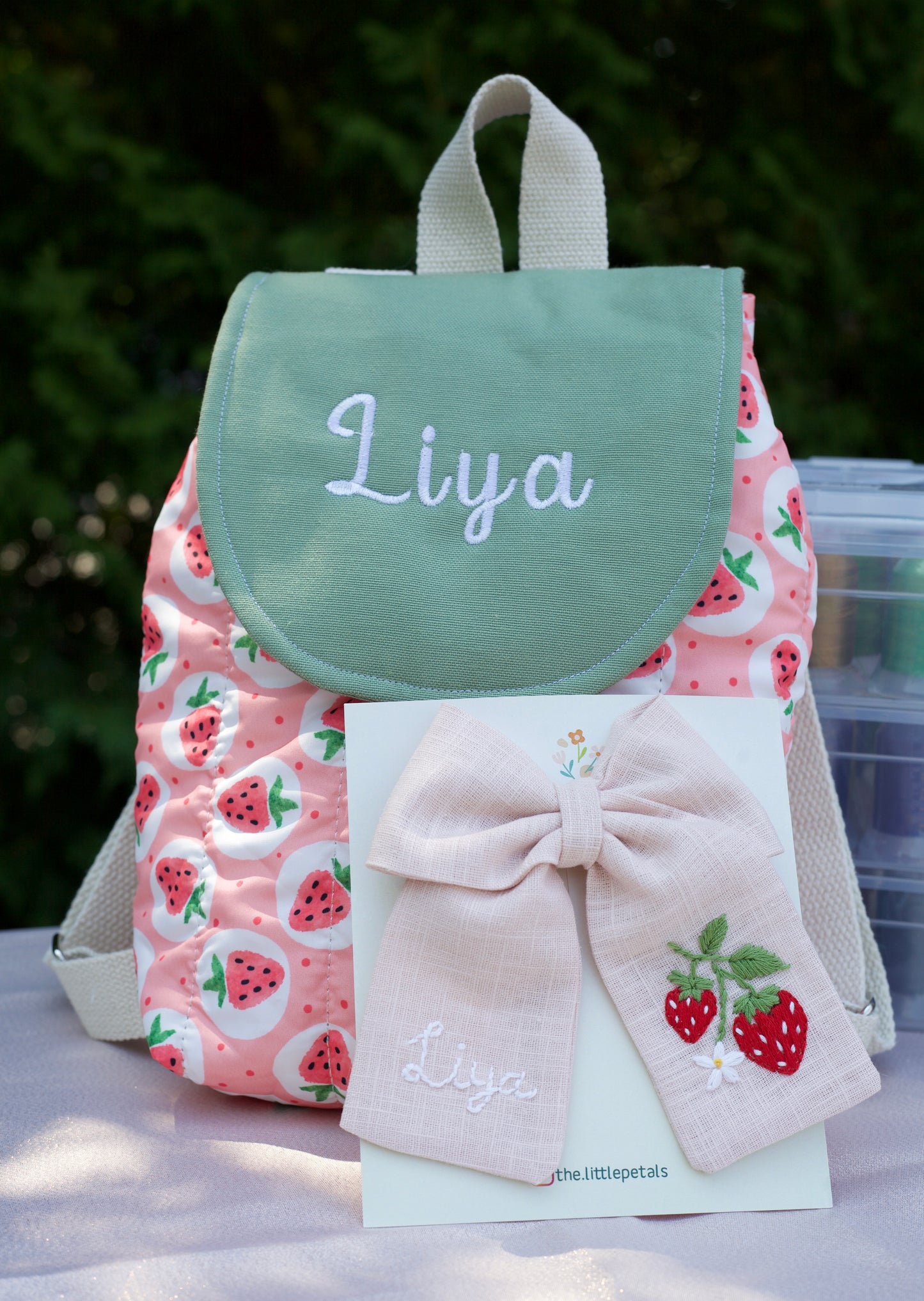 Hand Embroidered Personalized Strawberry Bow