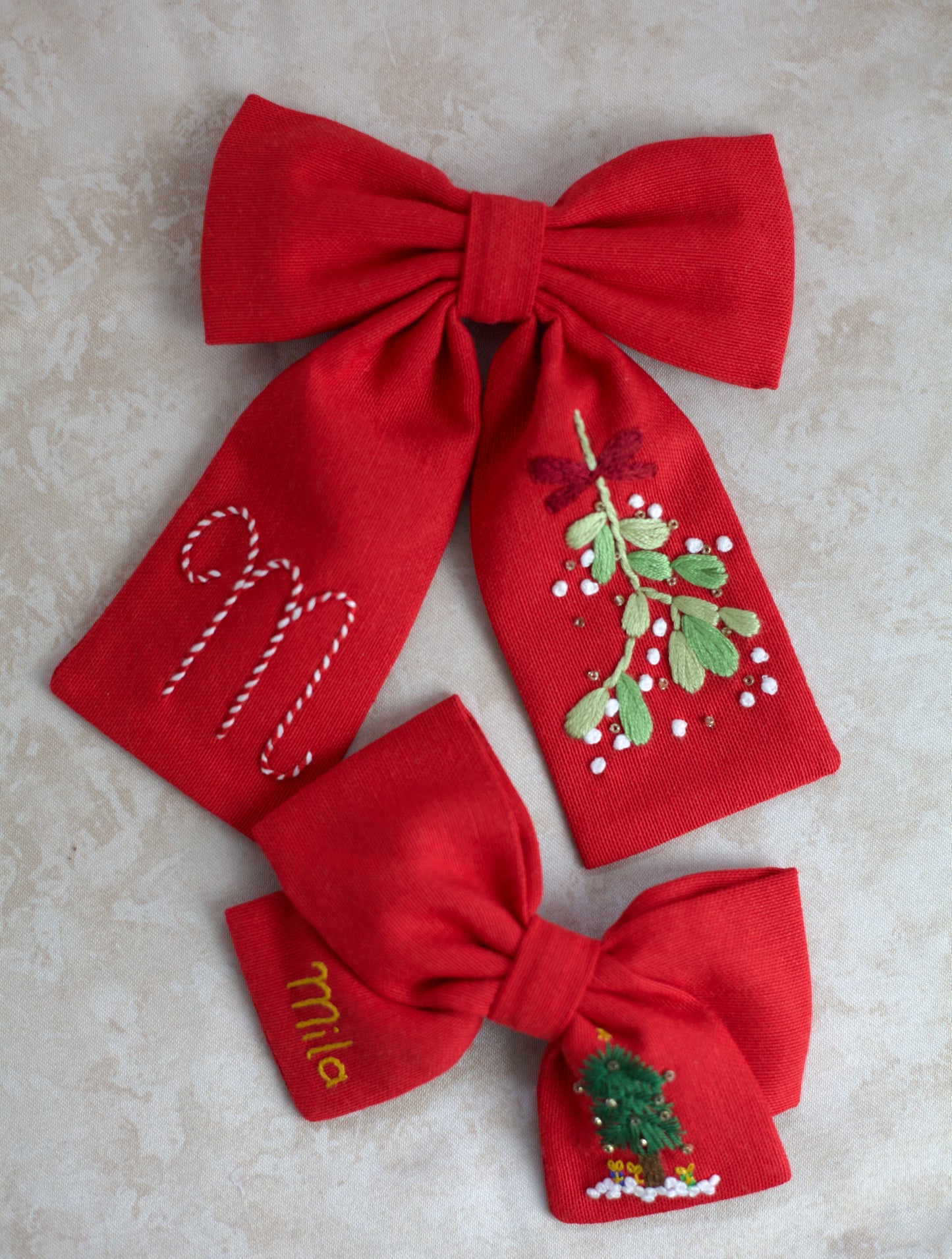 (Pre-Order) Hand Embroidered Custom Mistletoe Hair Bow