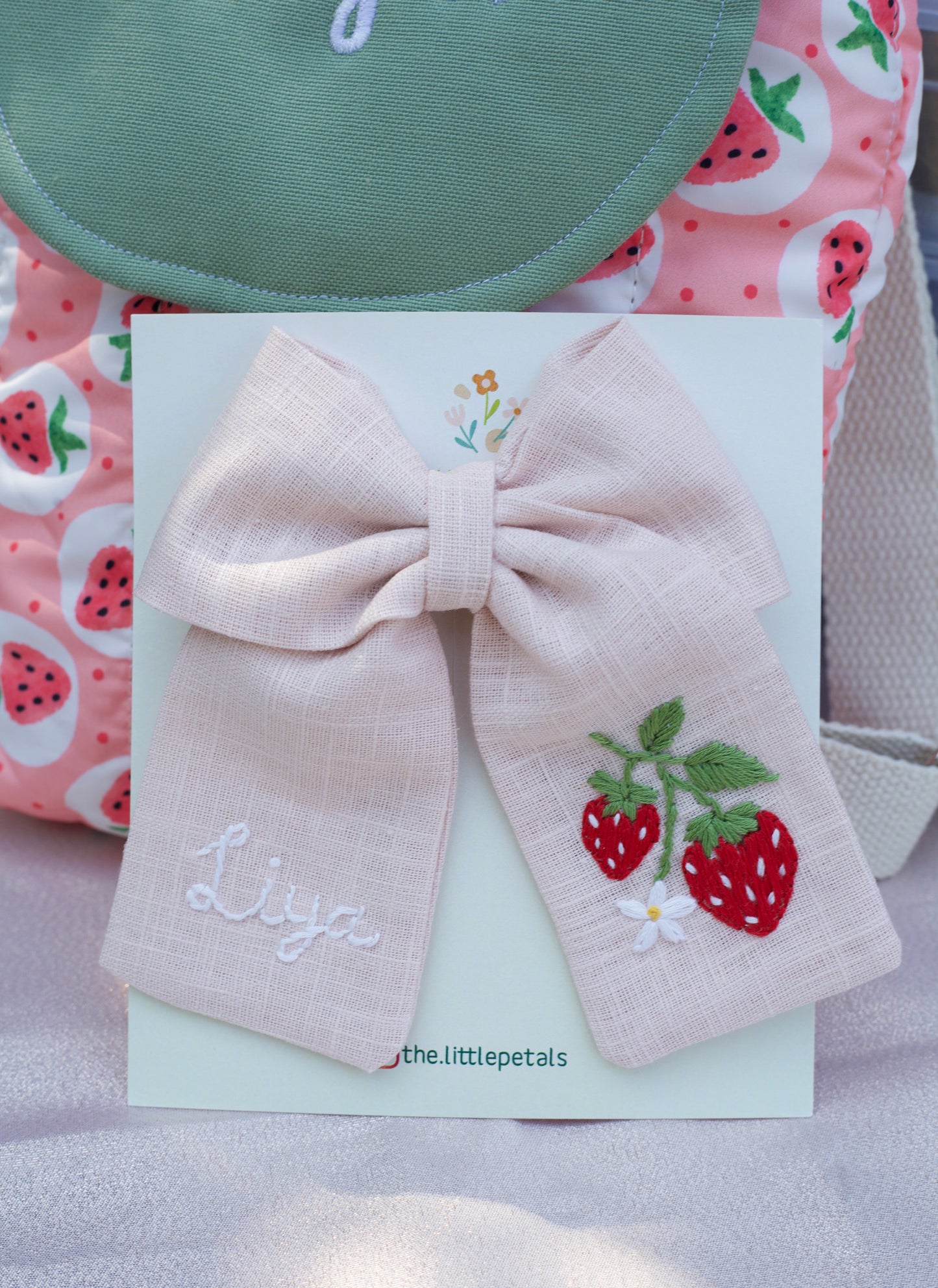 Hand Embroidered Personalized Strawberry Bow