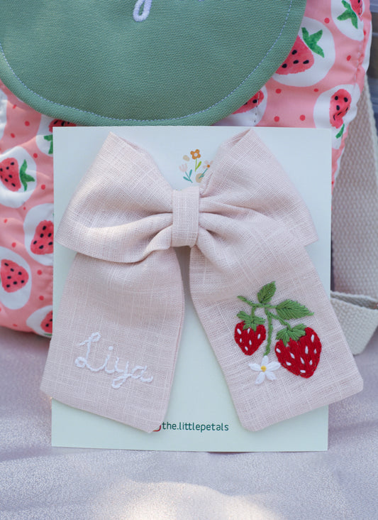Hand Embroidered Personalized Strawberry Bow