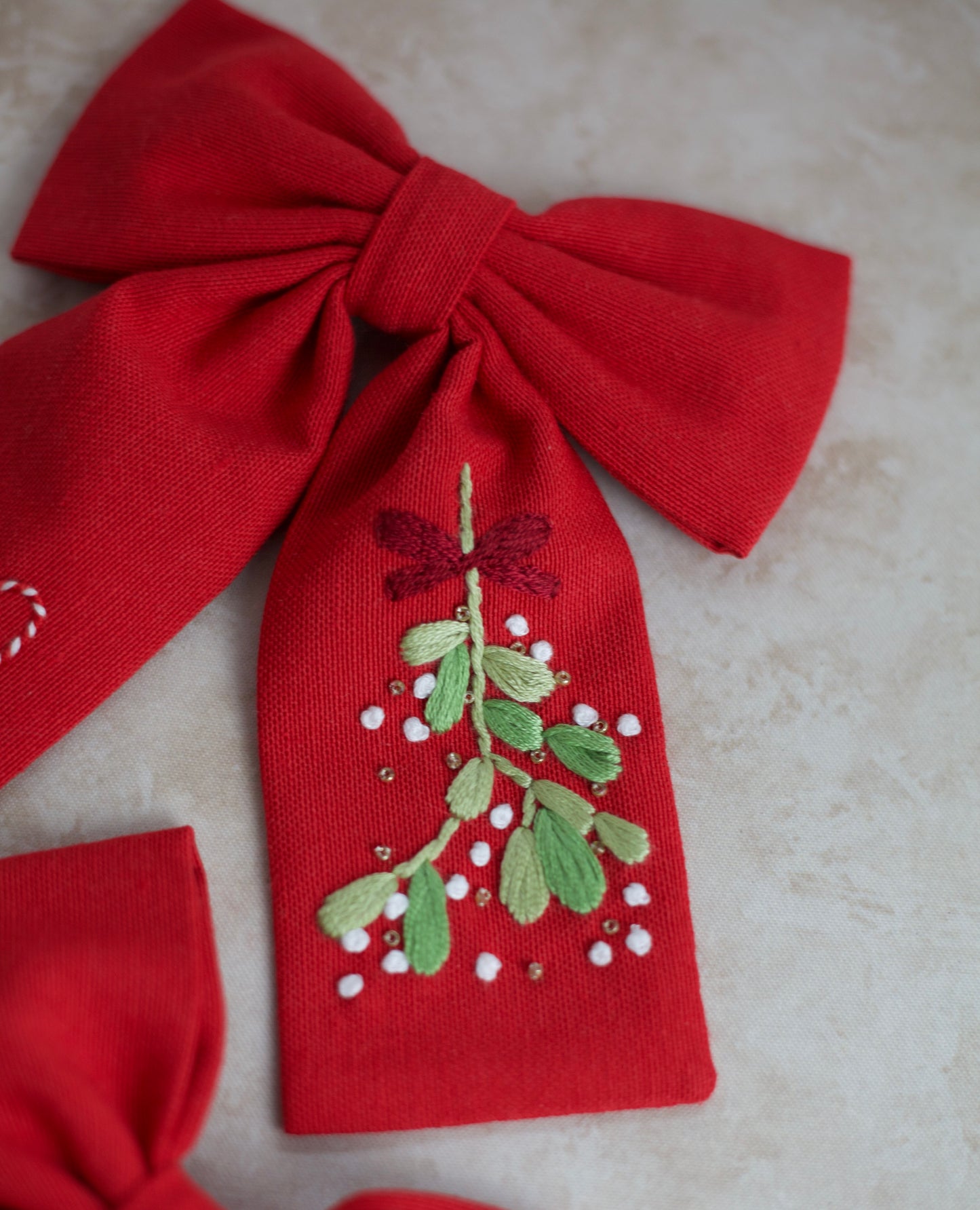 (Pre-Order) Hand Embroidered Custom Mistletoe Hair Bow