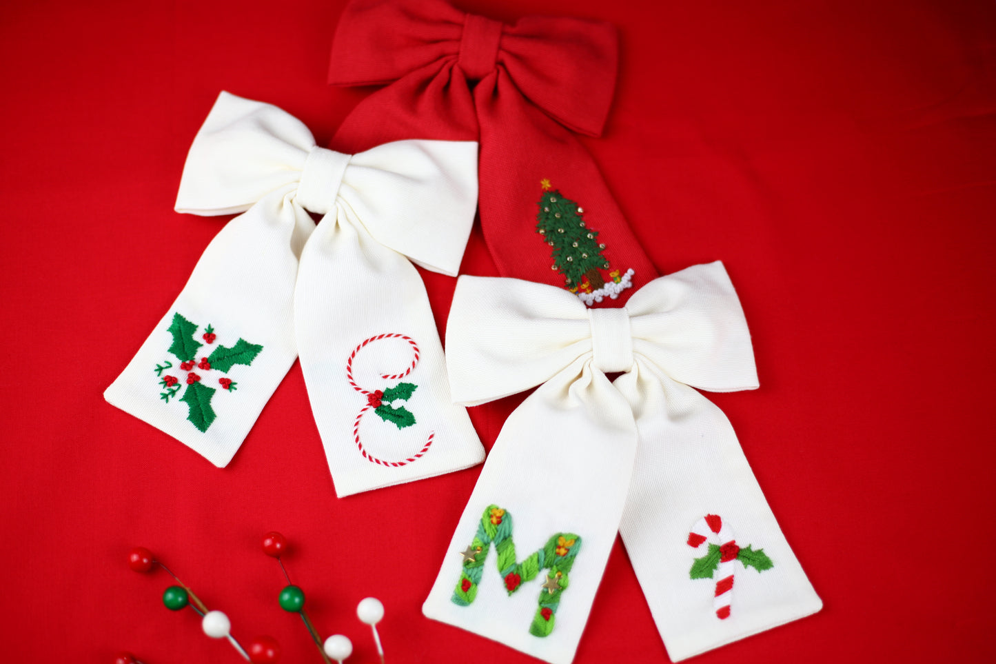 Hand Embroidered Custom Holly Berry Bow (Pre-Order)