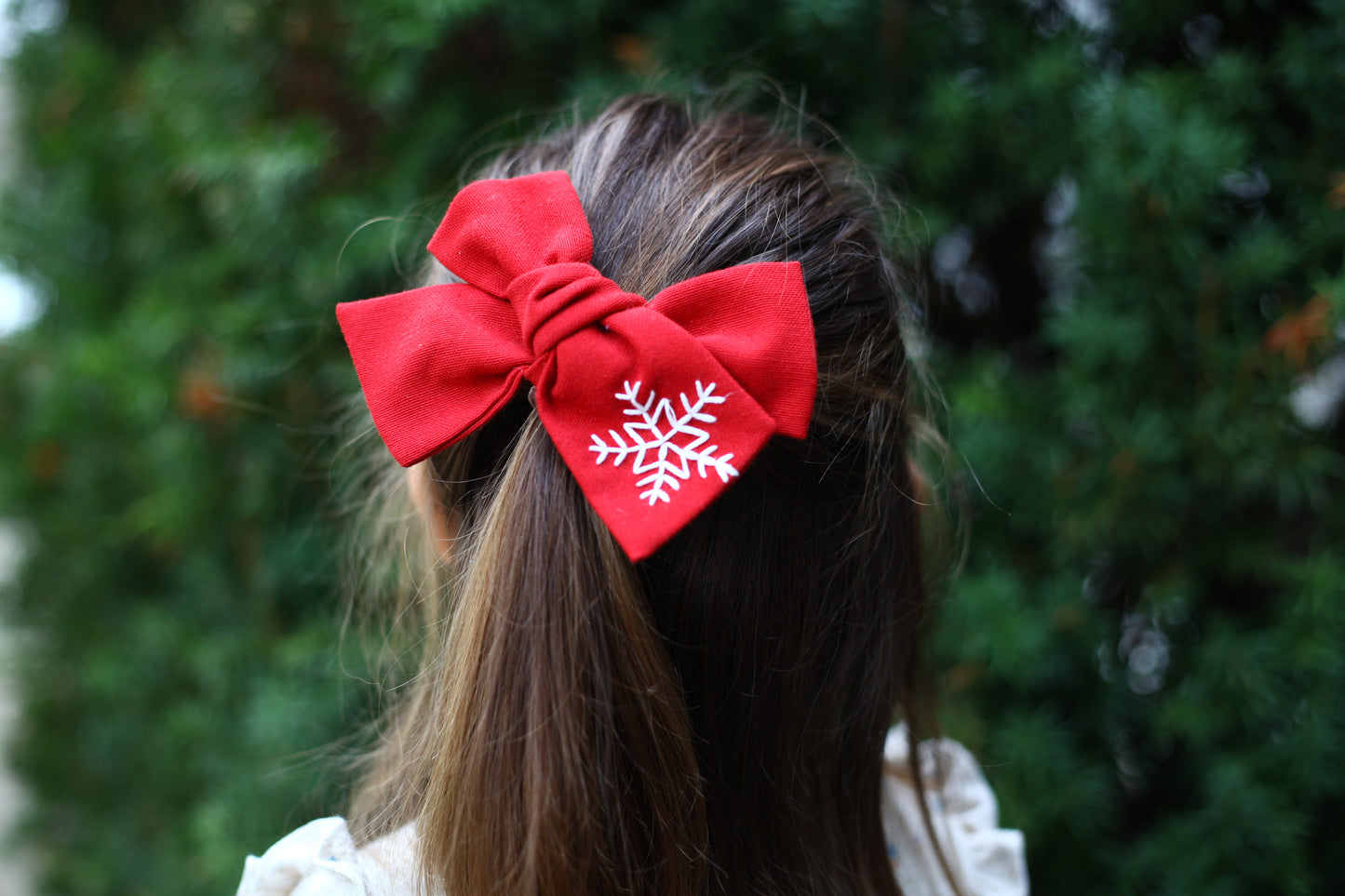 Hand Embroidered Snowflake Hair Bow