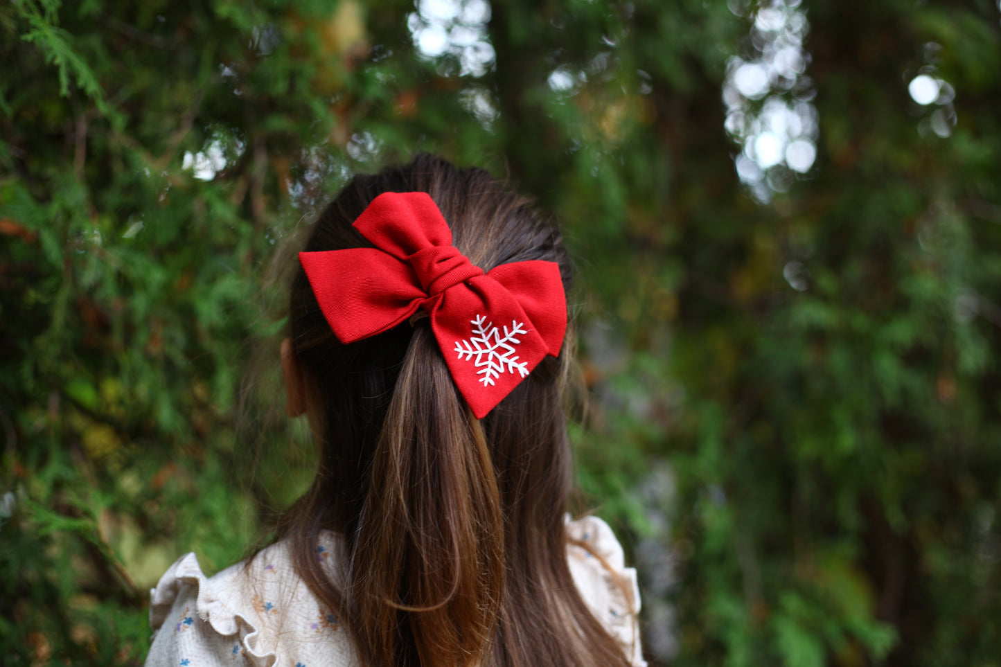 Hand Embroidered Snowflake Hair Bow