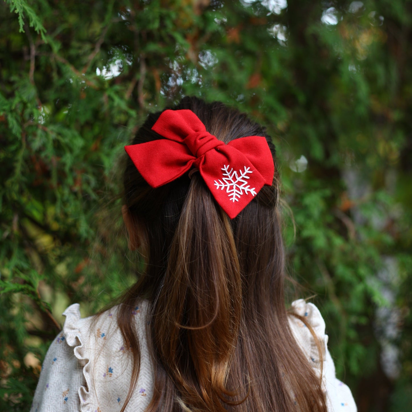 Hand Embroidered Snowflake Hair Bow