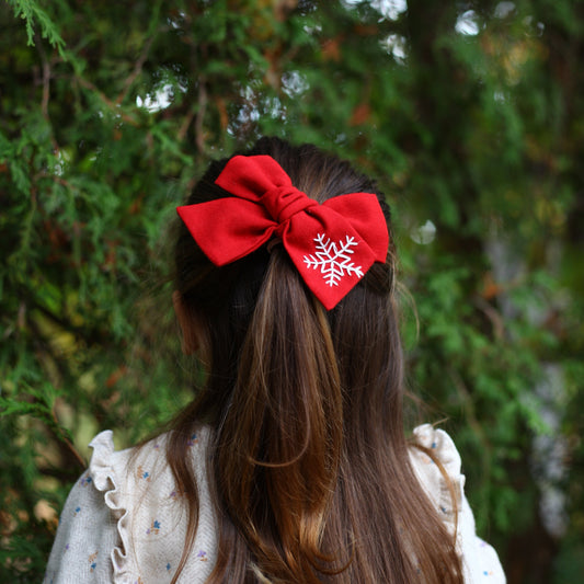 Hand Embroidered Snowflake Hair Bow