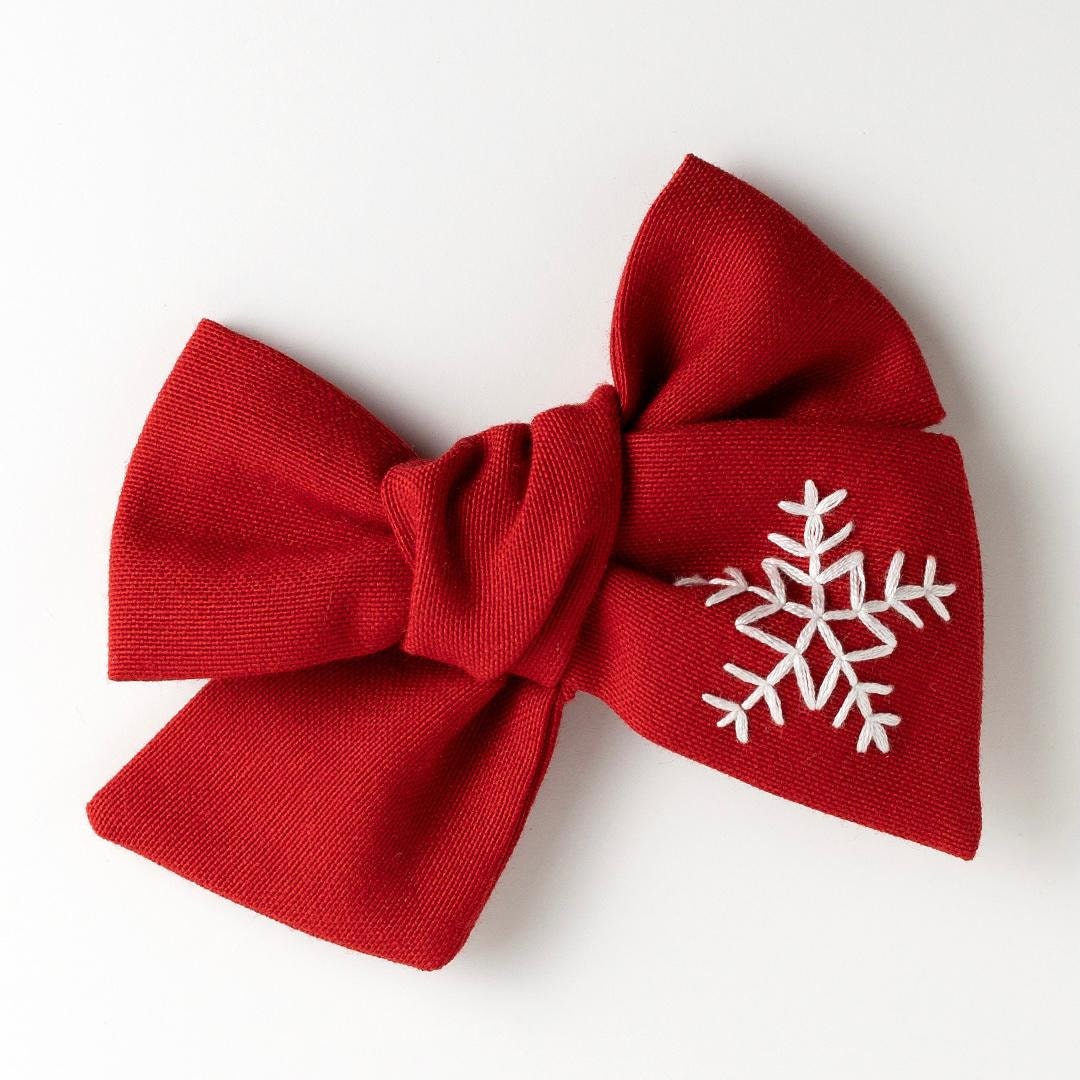 Hand Embroidered Snowflake Hair Bow