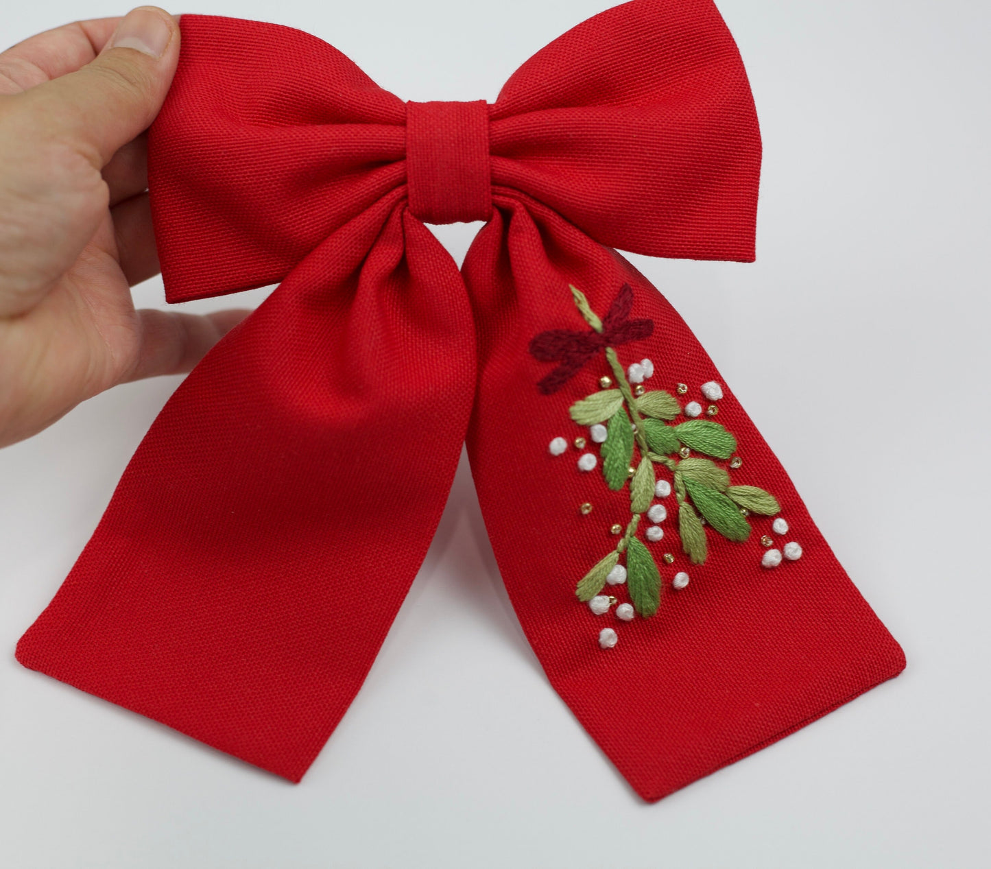 (Pre-Order) Hand Embroidered Custom Mistletoe Hair Bow