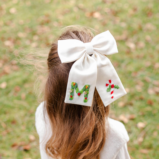 (Pre-Order) Hand Embroidered Candy Cane Pattern Custom hair bow