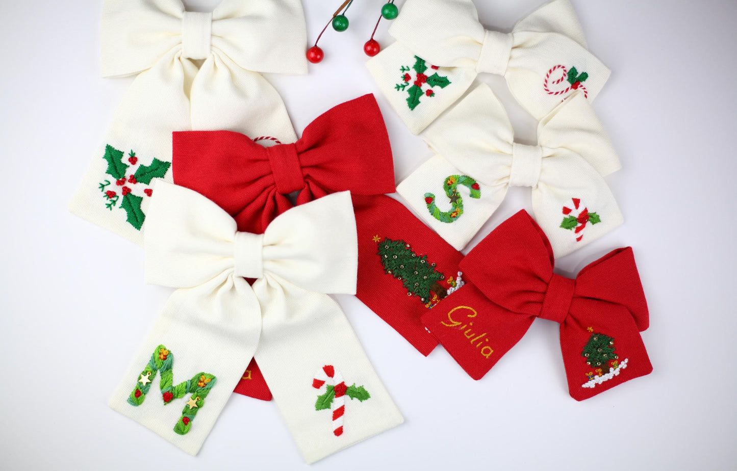 Hand Embroidered Custom Holly Berry Bow (Pre-Order)