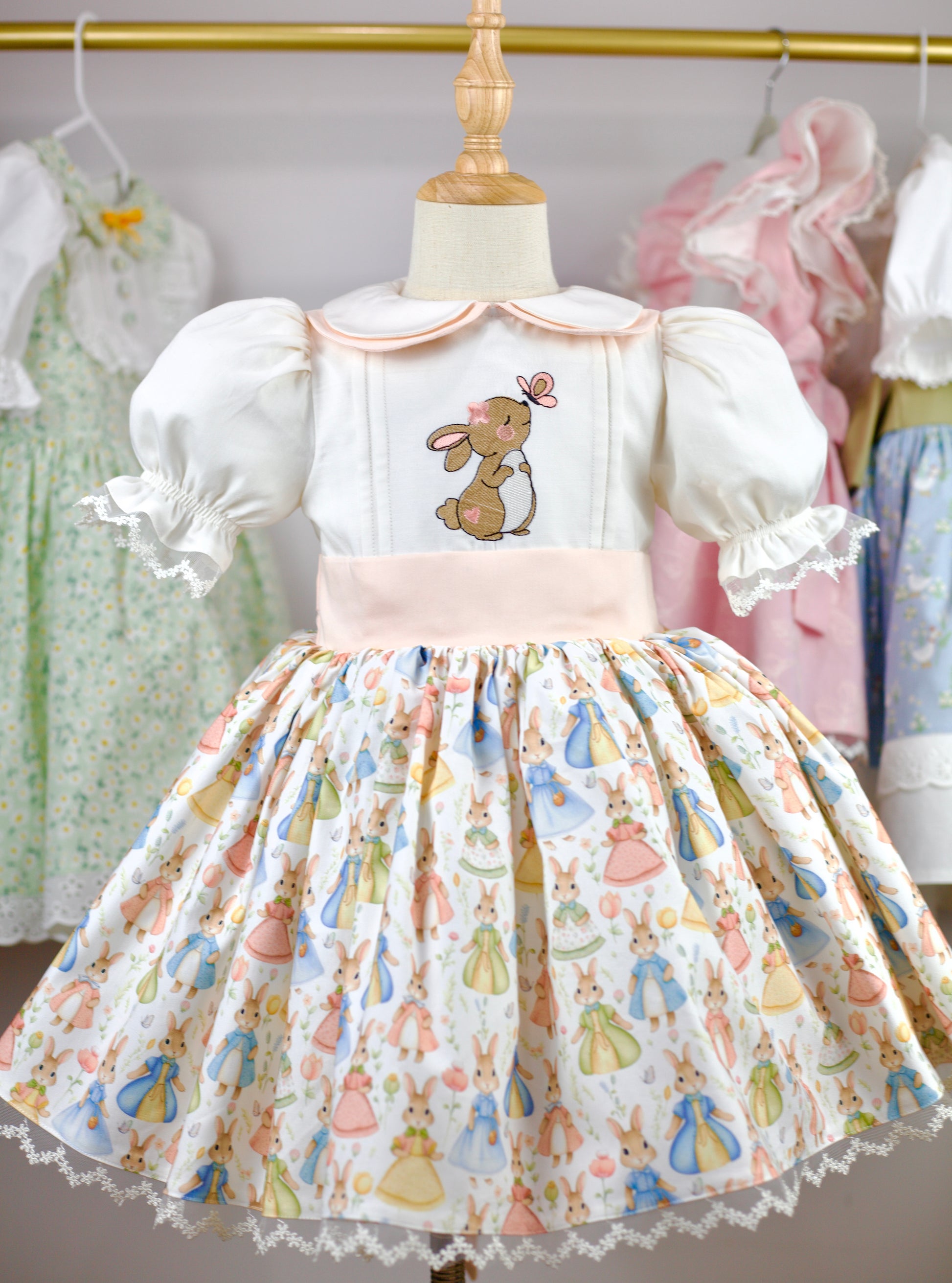 embroidered easter dress Girls Bunny Embroidered Dress, Vintage Style Kids Baby Girl Bunny Dress, Girls Baby Toddler Easter Outfit With Bunny Embroidery