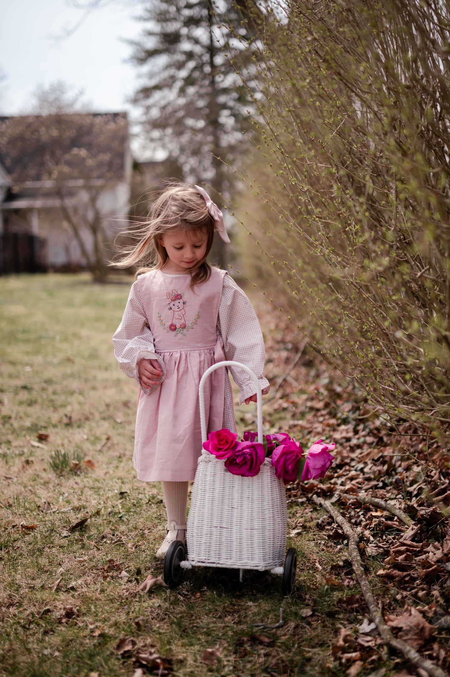 hand embroidered bunny pattern pinafore dress