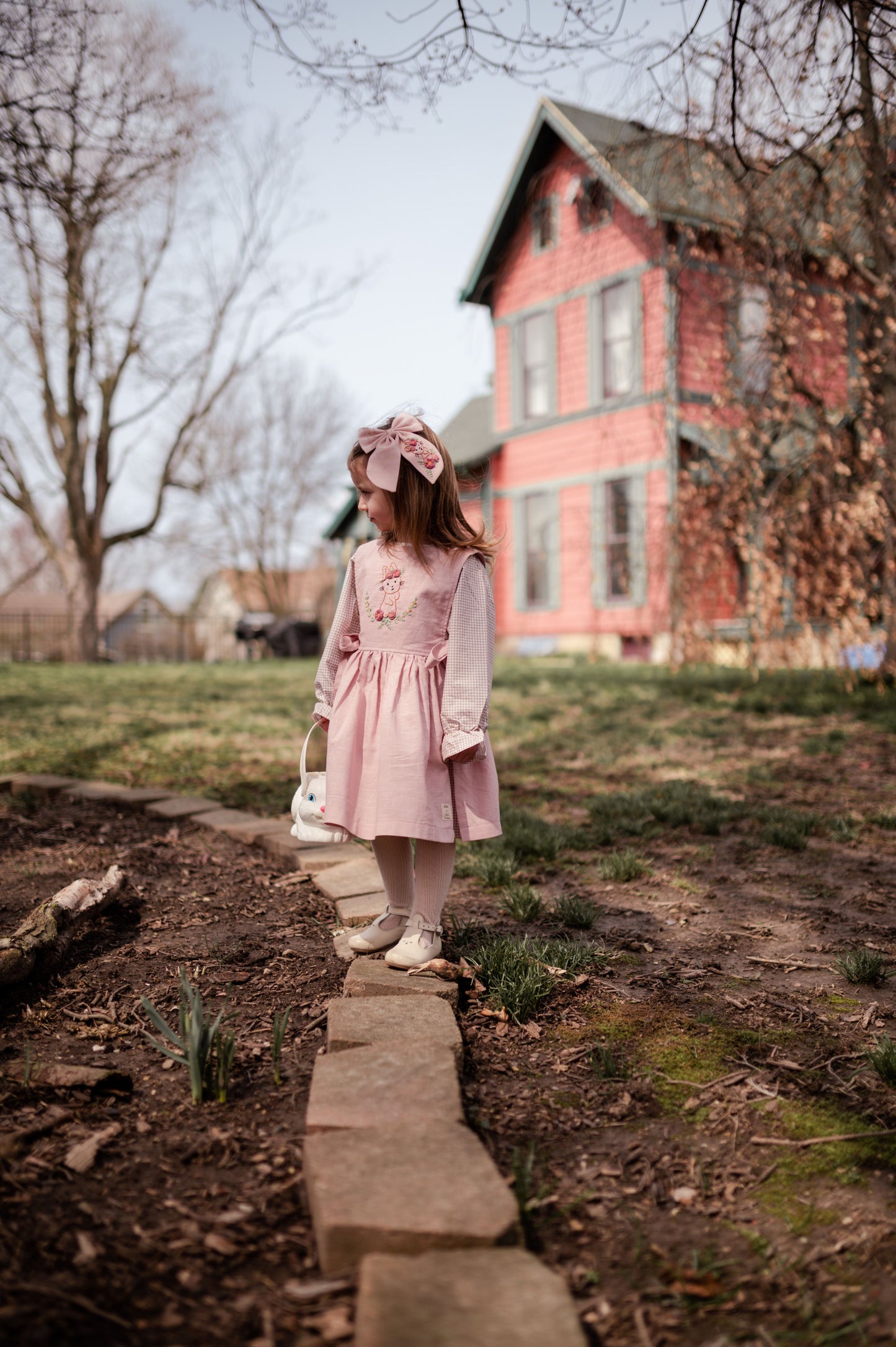 hand embroidered bunny pattern pinafore dress