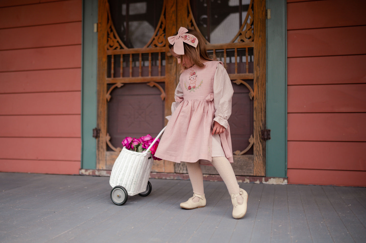 hand embroidered bunny pattern pinafore dress