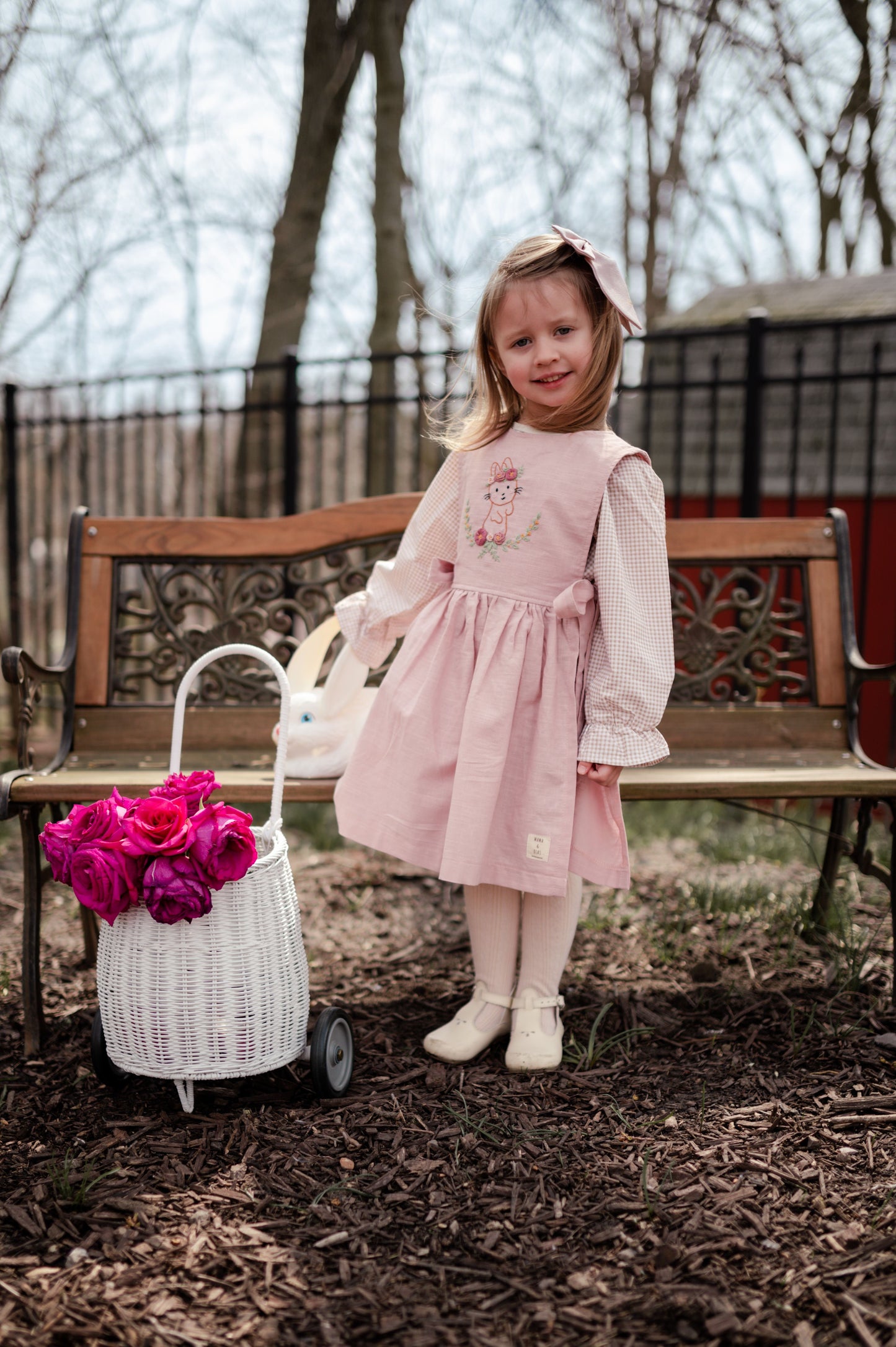 hand embroidered bunny pattern pinafore dress