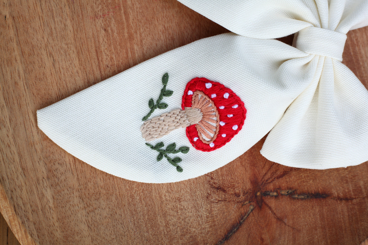 Hand Embroidered Mushroom hair bow