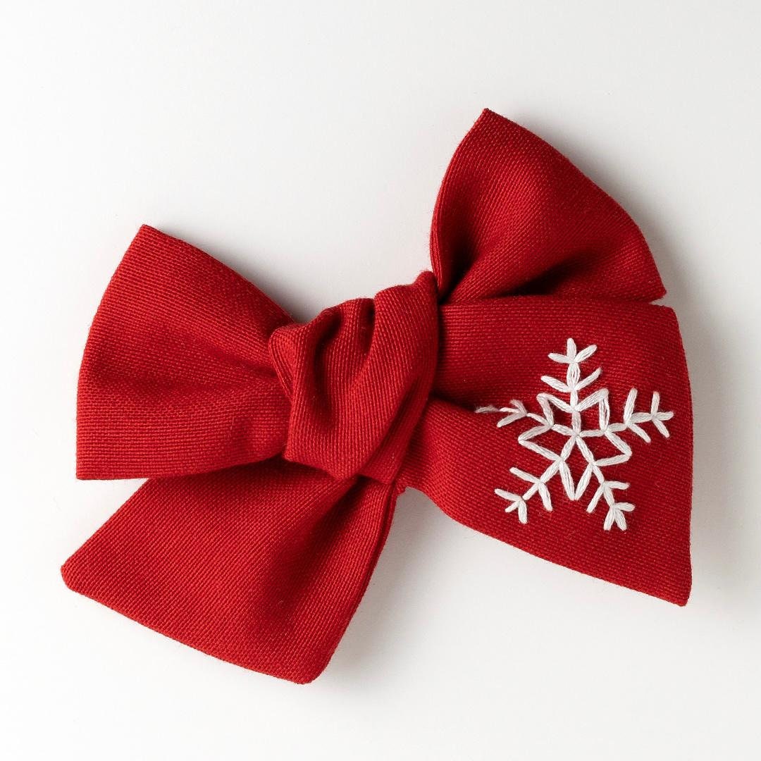 Hand Embroidered Snowflake hair bow