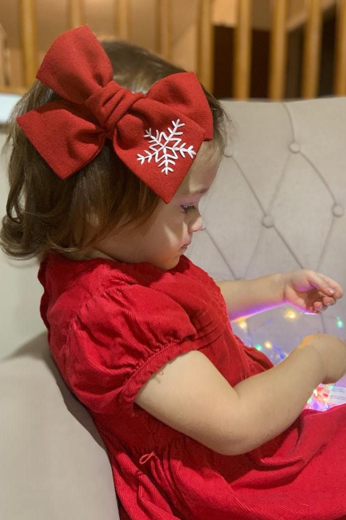 Hand Embroidered Snowflake hair bow