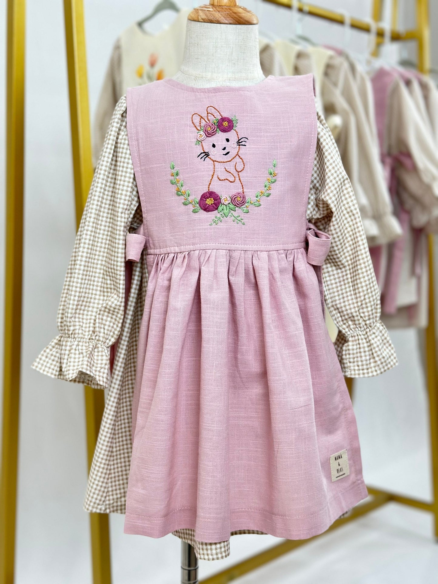 hand embroidered bunny pattern pinafore dress