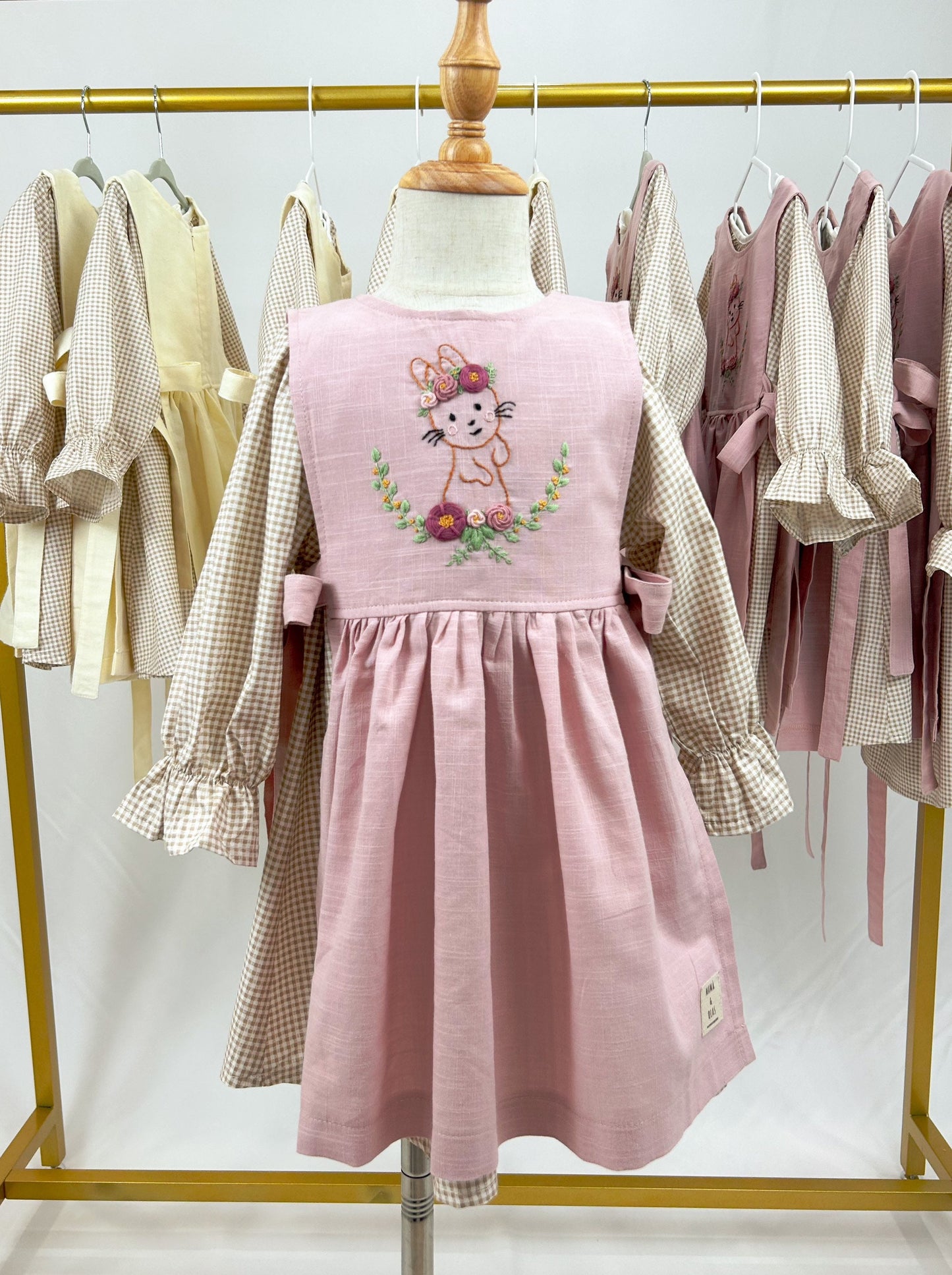 hand embroidered bunny pattern pinafore dress