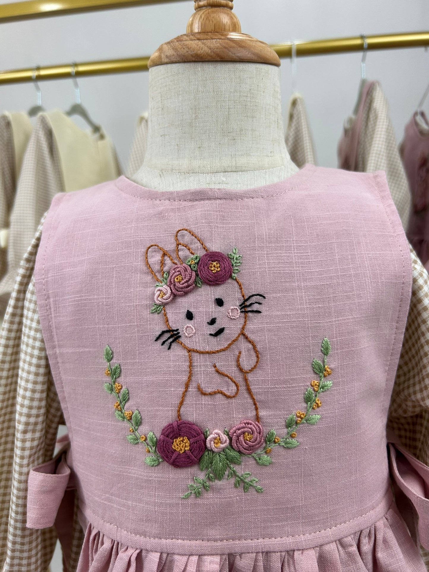 hand embroidered bunny pattern pinafore dress