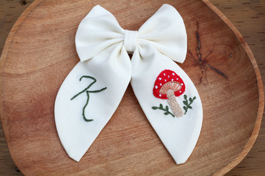 Hand Embroidered Mushroom hair bow