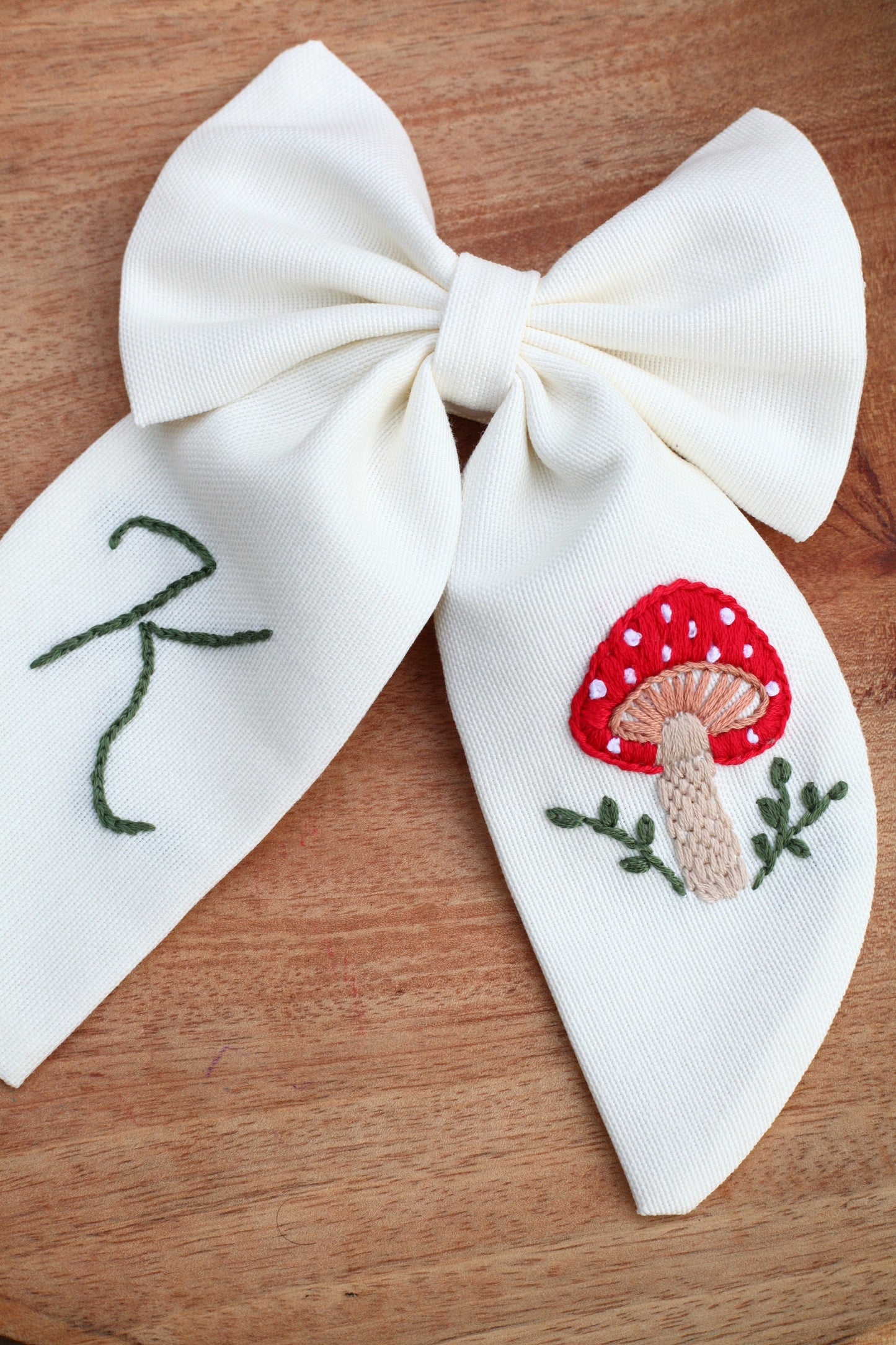 Hand Embroidered Mushroom hair bow